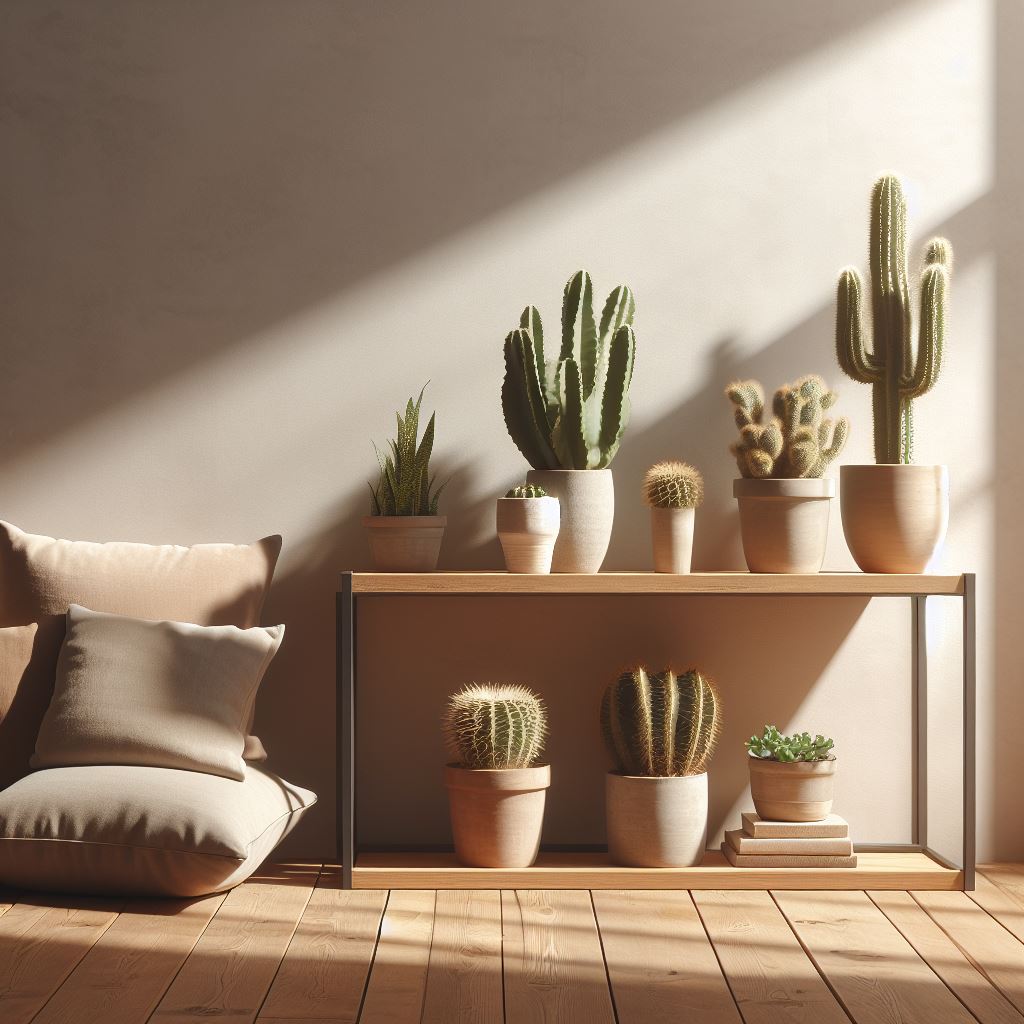 na obrazku na stoliku stoja kaktusy doniczkowe