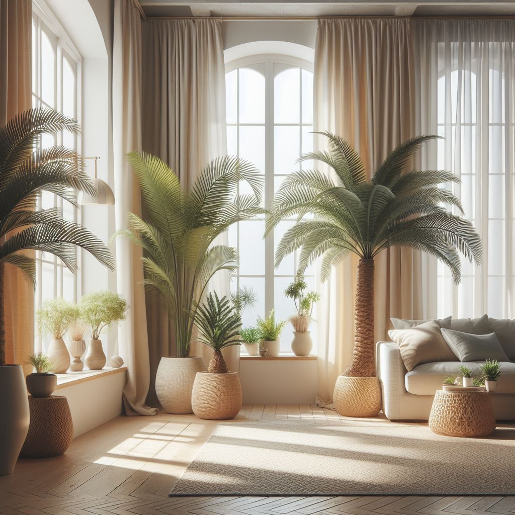 na obrazku w pokoju stoi roślina palma doniczkowa