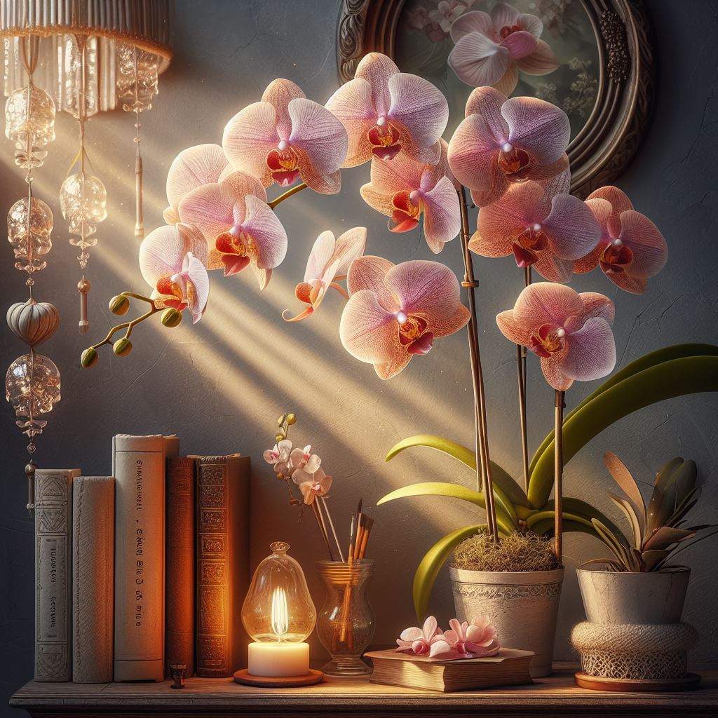 Na obrazku stoi na stole w doniczce orchidea (storczyk)