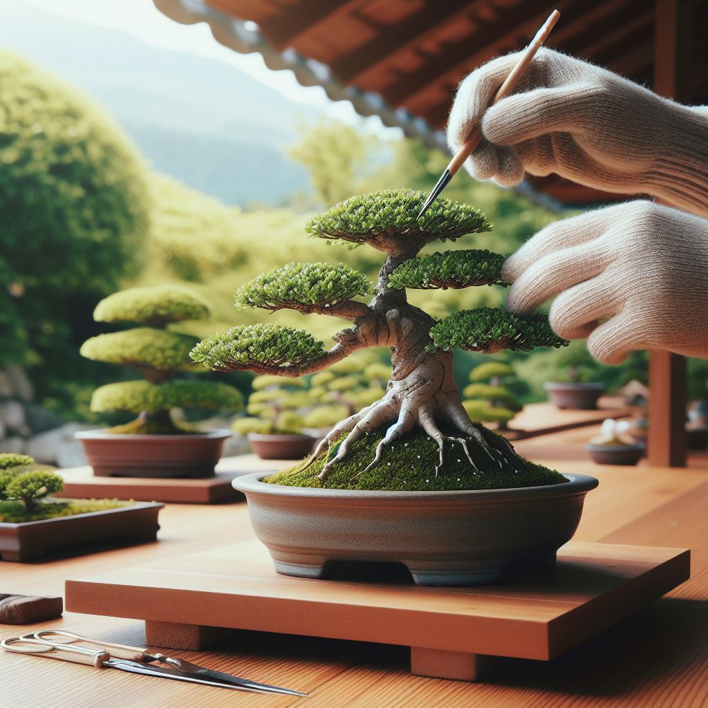 na obrazku pielegnacja drzewka bonsai