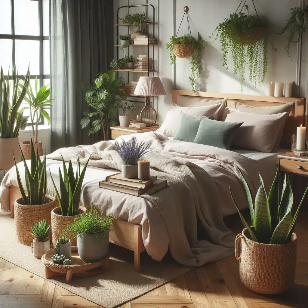 na zdjęvciu sypialnia a w niej rośliny do sypialni