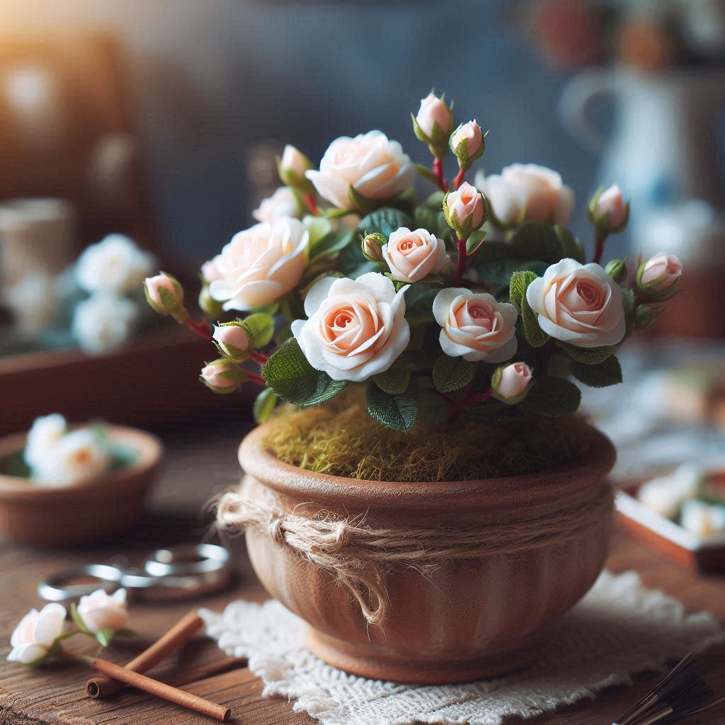 na zdjęciu stoi na stole w doniczce róża miniatura
