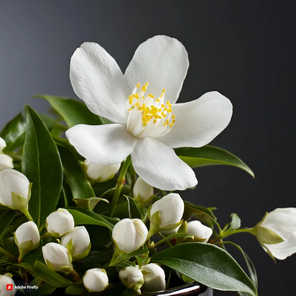 Obrazek przedstawia piękny biały kwait rośliny doniczkowej o nazwie: Jaśmin wielokwiatowy (Jasminum polyanthum)