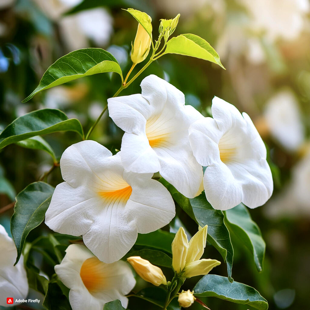 Na zdjęciu piękne białe kwiaty pnącej rośliny o nazwie: Sundawilla.