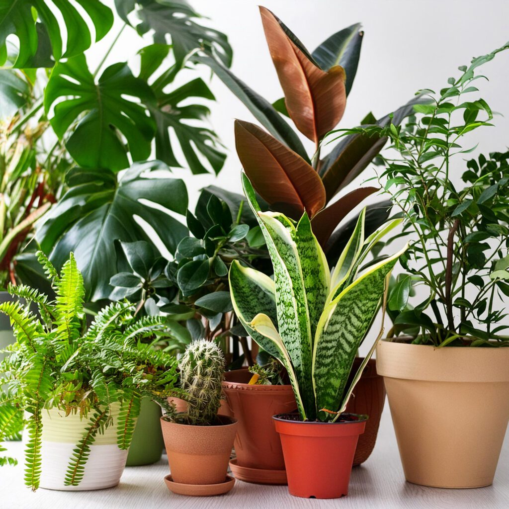 Obrazek przedstawia rośliny doniczkowe domowe takie jak: fikus. kaktus, monstera, paproć