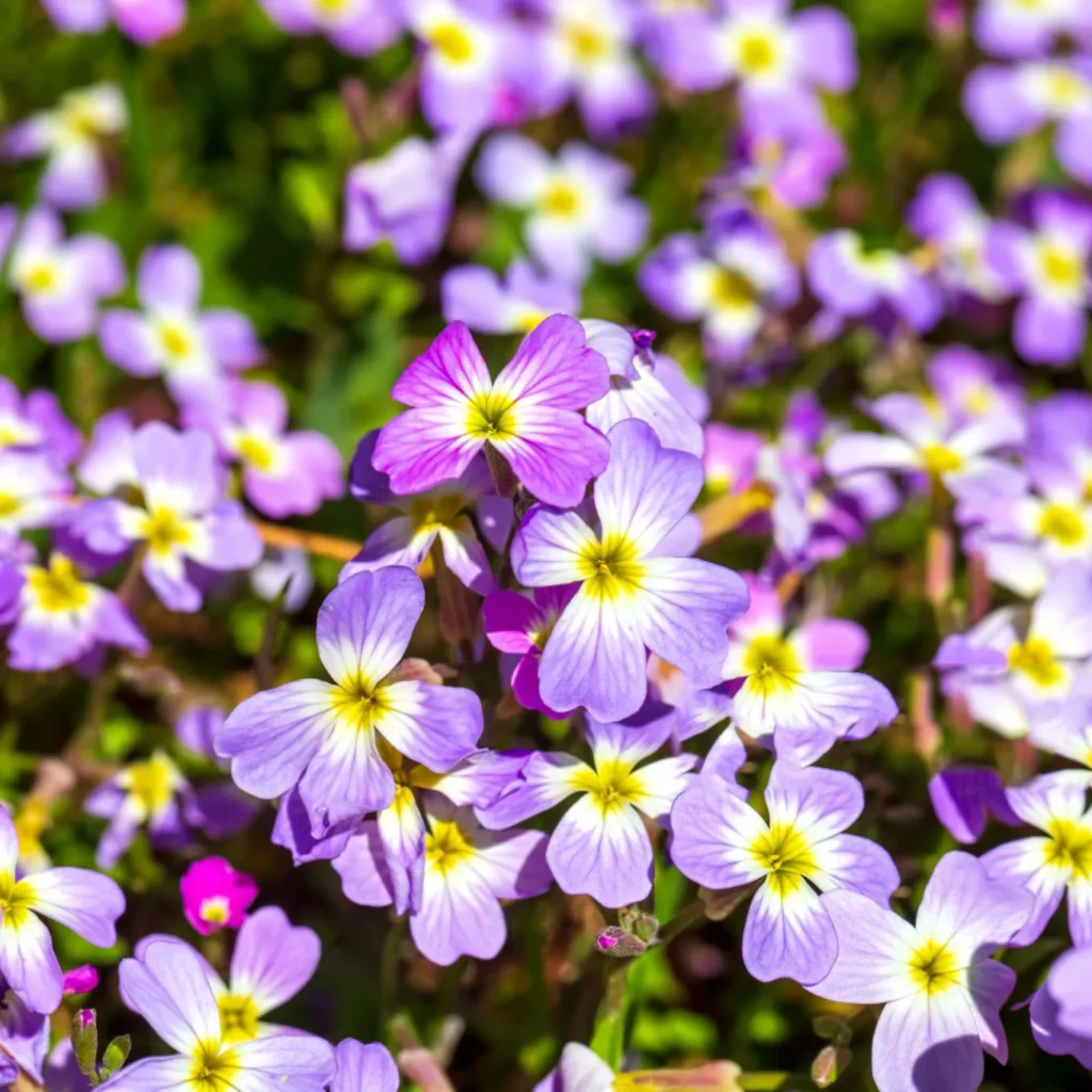 Żagwin ogrodowy Aubrieta deltoidea. Kwiatowy wodospad.